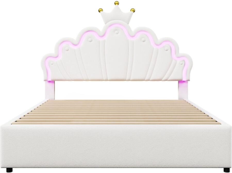 GOTAGEE Gestoffeerd bed 140 x 200 cm Zonder matras Sfeerverlichting met afstandsbediening Bed met 2 lades Prinsessenbed in kroonvorm Verstelbaar hoofdeinde PU Wit
