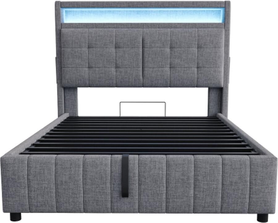 GOTAGEE Gestoffeerd bed 140x200 cm met LED-verlichting en USB-aansluiting met hydraulische opbergruimte met opbergvakken tweepersoonsbed met lattenbodem linnen stof grijs(zonder matras)