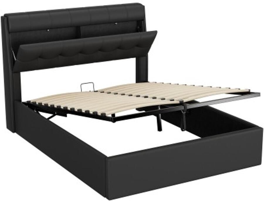GOTAGEE Gestoffeerd bed 140X200 hydraulisch bed verborgen hoofdeinde opbergruimte bedlade opbergruimte PU met lattenbodem en met hoofdeinde zonder matras zwart