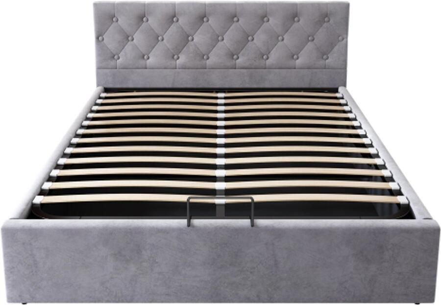 GOTAGEE gestoffeerd bed 140x200cm hoofdbord met knopen tweepersoonsbed hydraulisch bed met opbergruimte lattenbodem grijs fluweel