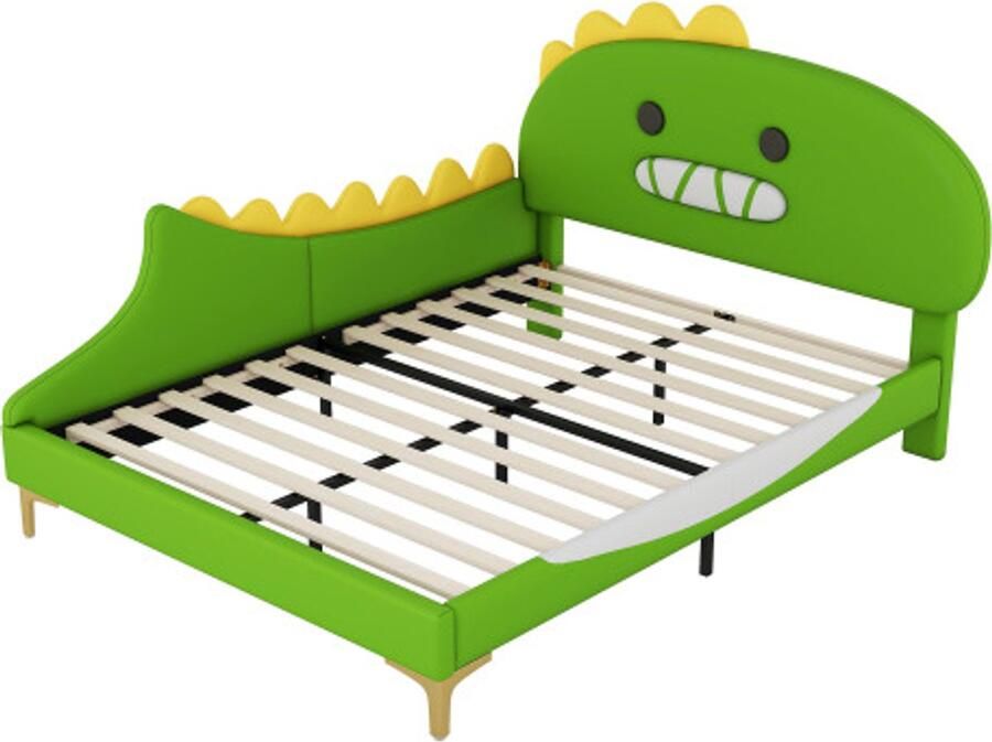 GOTAGEE Gestoffeerd bed 140x200cm kinderbed cartoon dinosaurusvorm vlak bed PU-materiaal groen