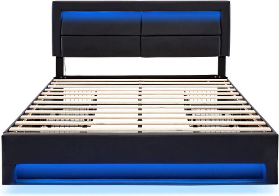 GOTAGEE Gestoffeerd bed 140x200cm (zonder matras) met USB-poort LED-verlichting en 4 lades ondersteunt draadloos en bedraad opladen PU zwart