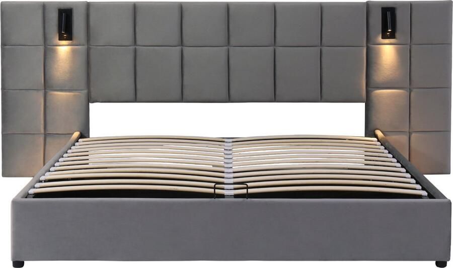 GOTAGEE Gestoffeerd bed 160x200cm opbergbed met USB functioneel bed tweepersoonsbed met lamp laag bed