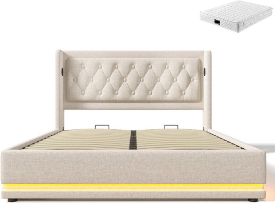 GOTAGEE Gestoffeerd bed 160x200cm tweepersoonsbed (met matras) Beige katoen hydraulisch opbergbed met USB Type-C oplaadfunctie en 3-zijdige LED-functie