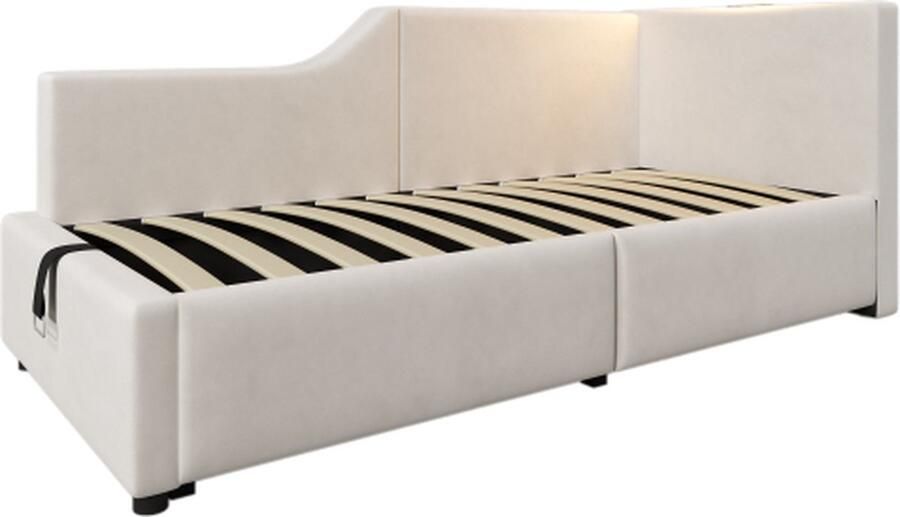 GOTAGEE Gestoffeerd bed 90x190cm dagbed (zonder matras) Fluweel beige dagbed slaapbank kinderbed jeugdbed met hydraulische opbergruimte met LED en USB type C