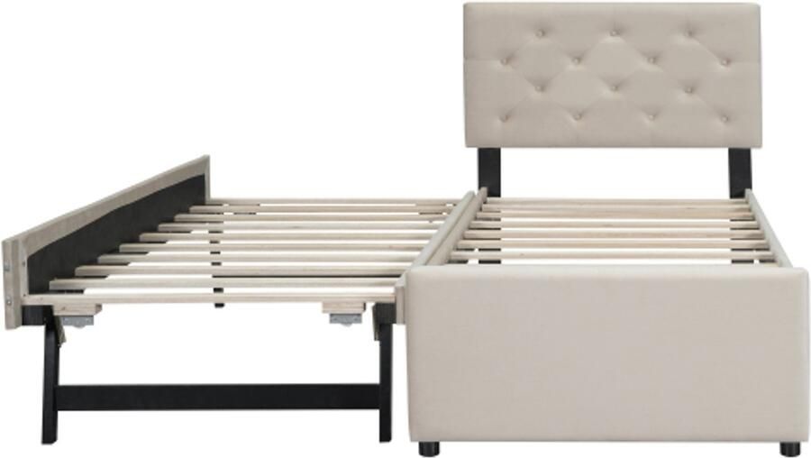 GOTAGEE Gestoffeerd bed 90x200cm bed met lattenbodem (zonder matras) bed met rolcontainer fluweel beige