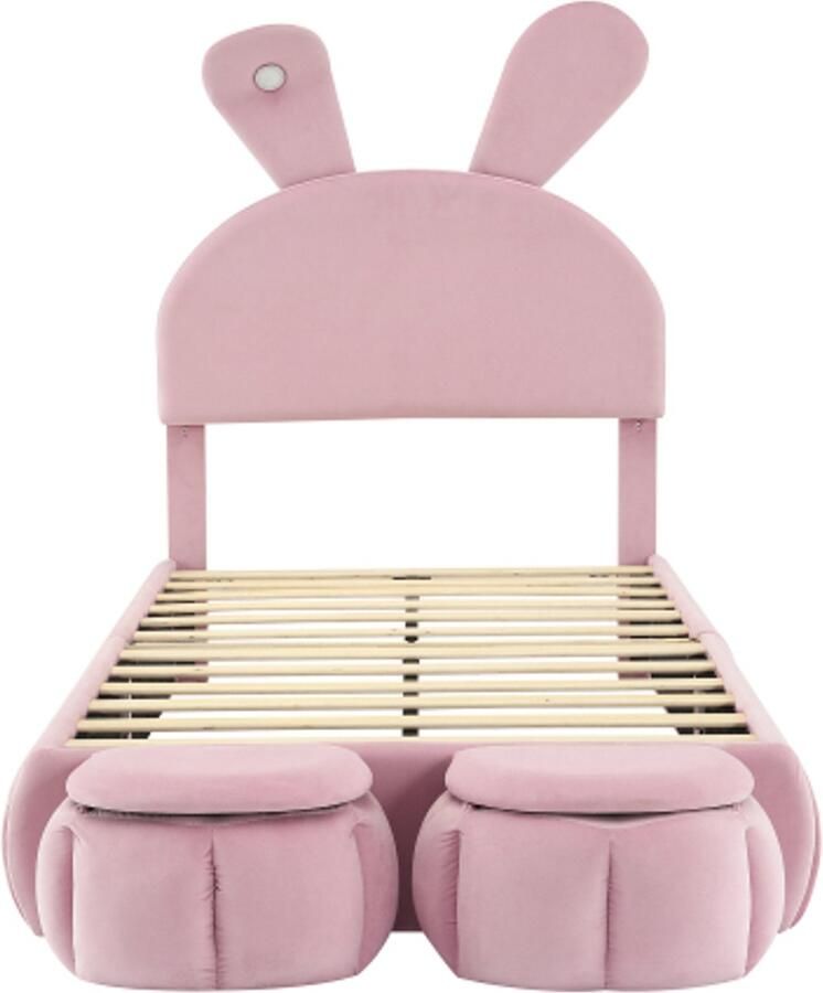 GOTAGEE Gestoffeerd bed 90x200cm eenpersoonsbed konijnenoren met instelbare helderheid warmgekleurde lichtstrips met twee opbergkrukjes kinderbed met houten lattenbodem fluweel roze