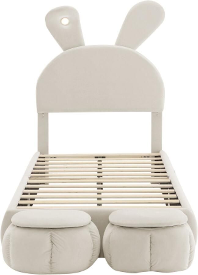 GOTAGEE Gestoffeerd bed 90x200cm eenpersoonsbed konijnenoren met instelbare helderheid warmgekleurde lichtstrips met twee opbergkrukjes kinderbed met houten lattenbodem fluweel beige