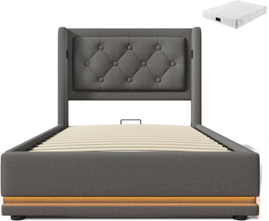 GOTAGEE Gestoffeerd bed 90x200cm eenpersoonsbed (met matras) grijs katoen hydraulisch opbergbed met USB Type-C oplaadfunctie en 3-zijdige LED-functie