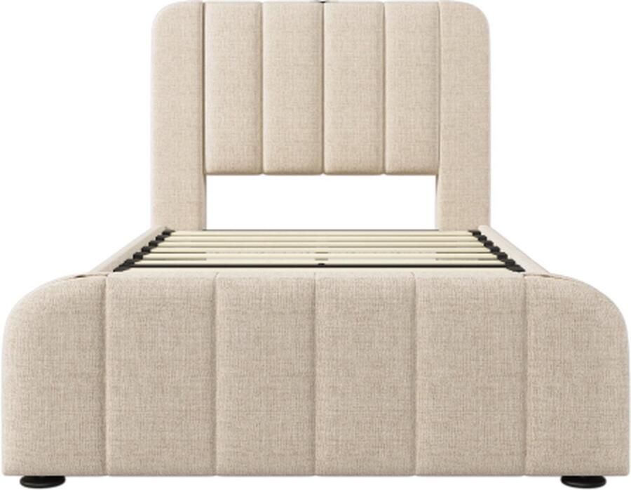 GOTAGEE Gestoffeerd bed 90x200cm eenpersoonsbed (zonder matras) jeugdbed beige linnen met gouden sierstrepen en USB Type-C oplaadfunctie met 4 lades