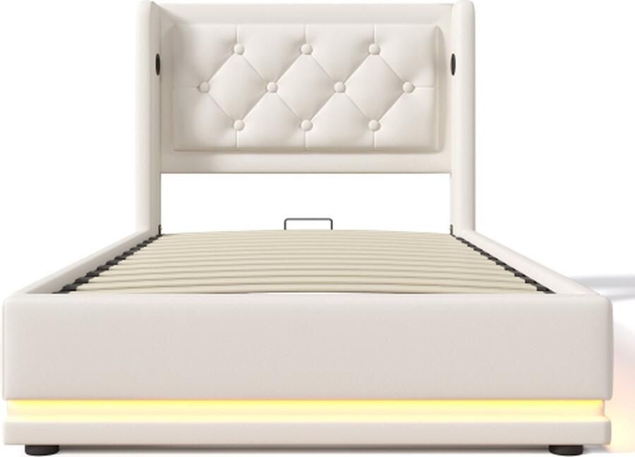 GOTAGEE Gestoffeerd bed 90x200cm eenpersoonsbed (zonder matras) wit PU hydraulisch opbergbed met USB Type-C oplaadfunctie en 3-zijdige LED-functie