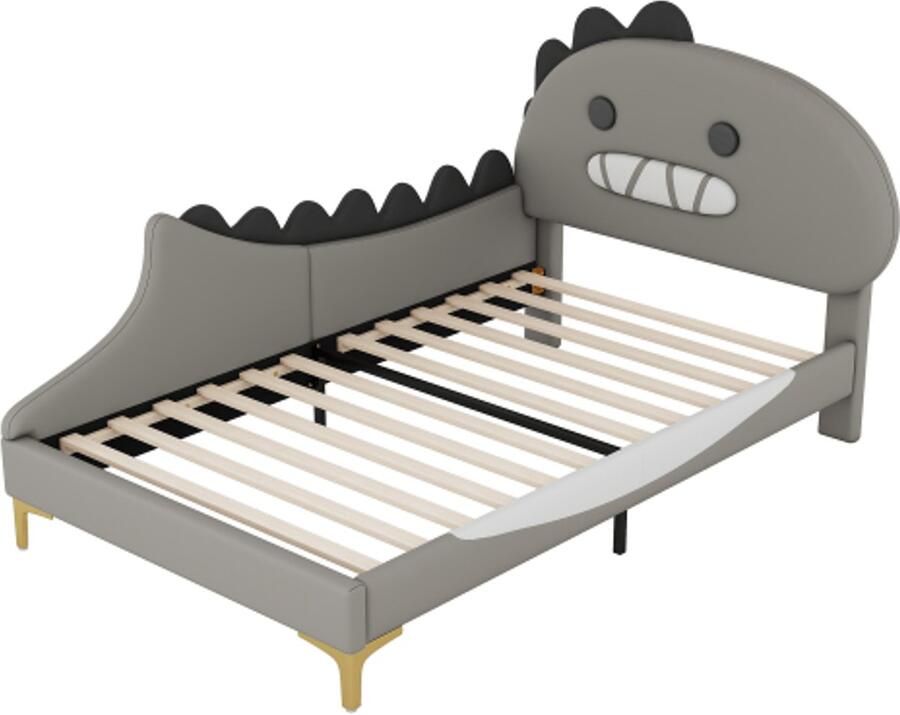 GOTAGEE Gestoffeerd bed 90x200cm kinderbed cartoon dinosaurusvorm vlak bed PU-materiaal grijs