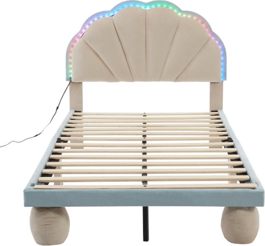 GOTAGEE Gestoffeerd bed 90x200cm Kinderbed zonder matras Beige+Blauw Fluweel met meerkleurige wisselende LED met ronde gebonden poten met houten latten