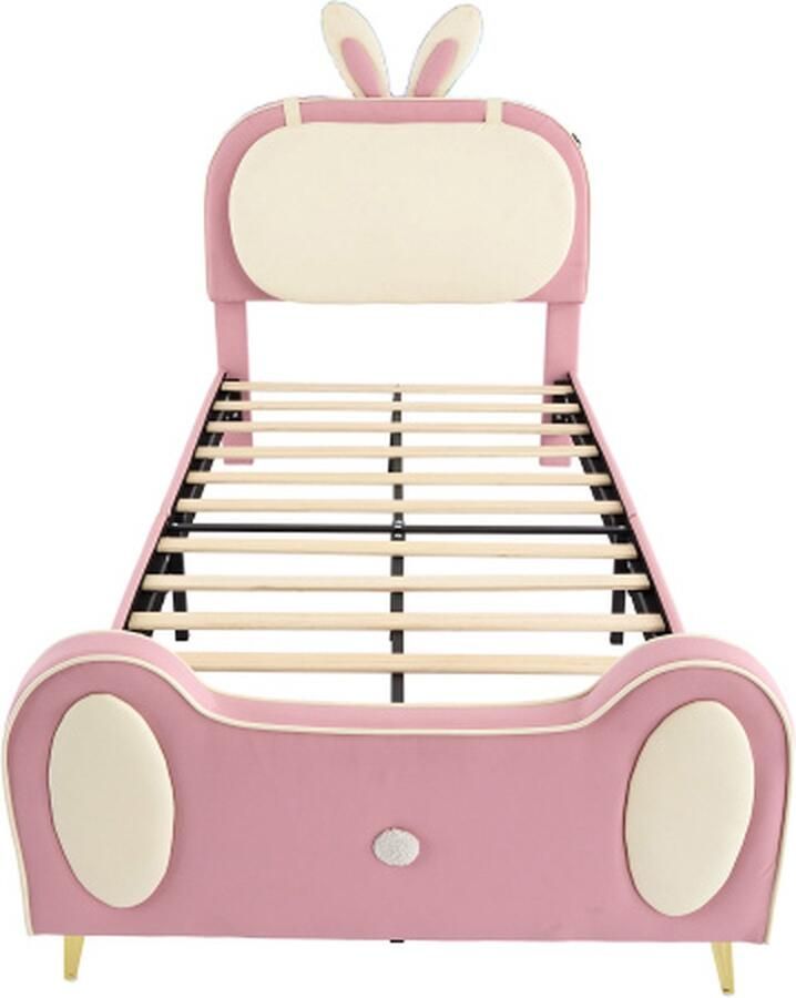 GOTAGEE Gestoffeerd bed 90x200cm Kinderbed zonder matras Beige+Roze PU+Massief hout met LED-strips konijnenhoofdbord