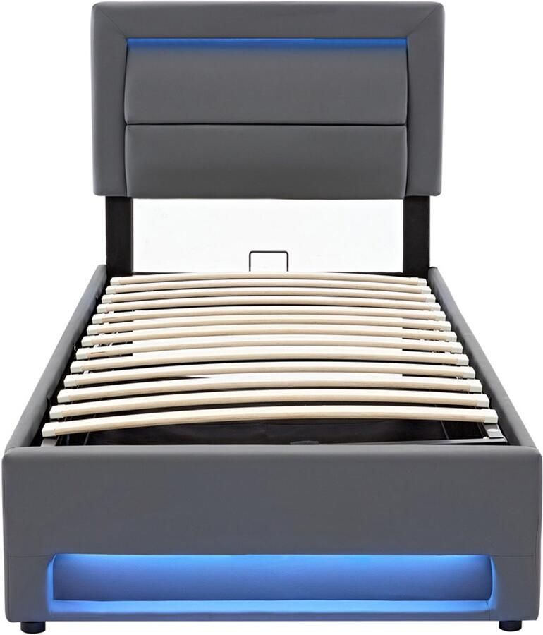 GOTAGEE Gestoffeerd bed Eenpersoonsbed Opbergbed Multifunctioneel bed Vlak bed Volwassenenbed Jongerenbed Met LED-verlichting Met USB-oplaadpoort en draadloze oplaadpoort Bed met opbergruimte Met hydraulische opbergruimte Bed zonder matras 90x190cm