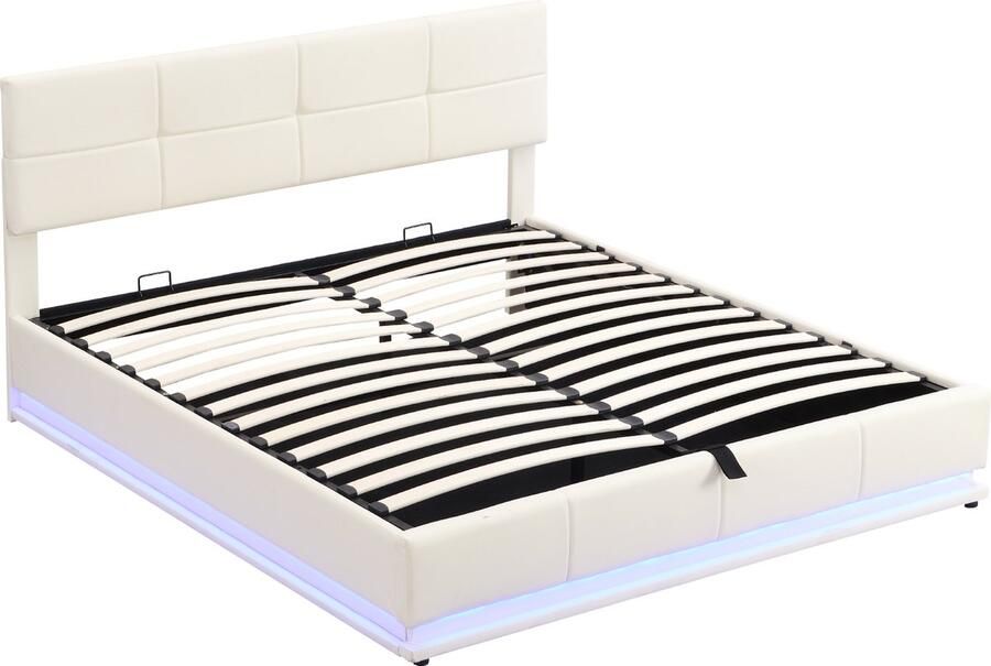 GOTAGEE Gestoffeerd bed Jeugdbed Tweepersoonsbed LED Opbergruimte Kunstleer Laagbed 180x200 cm