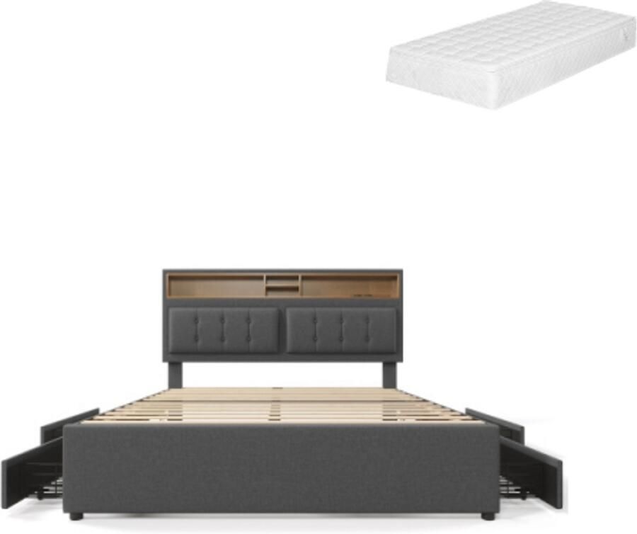 GOTAGEE Gestoffeerd bed Tweepersoonsbed Eenpersoonsbed Jeugdbed Logeerbed Multifunctioneel bed met opbergruimte met USB-aansluiting en 4 laden 160x200 cm Bed met opbergruimte Bed met matras