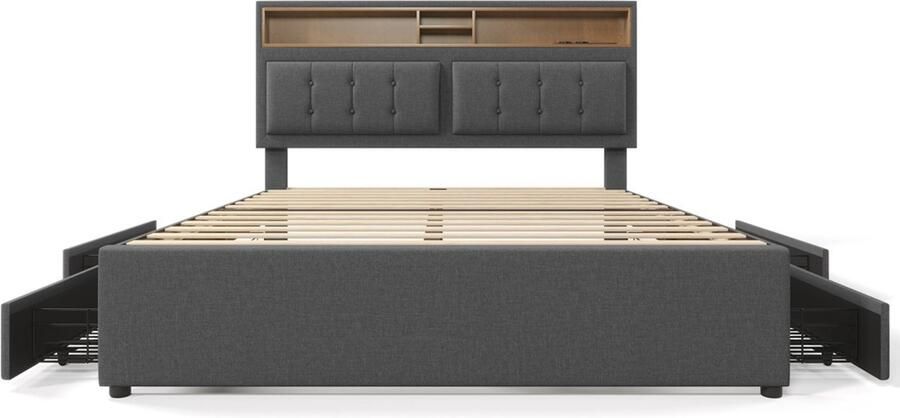 GOTAGEE Gestoffeerd bed Tweepersoonsbed Eenpersoonsbed Jeugdbed Logeerbed Multifunctioneel bed met opbergruimte met USB-aansluiting en 4 laden 140x200 cm Bed met opbergruimte Bed zonder matras
