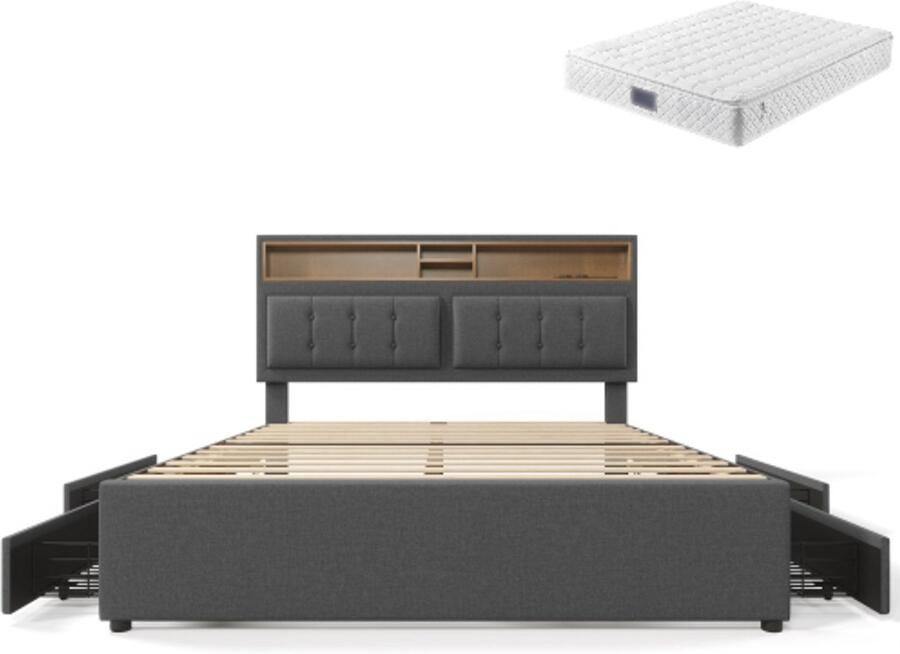 GOTAGEE Gestoffeerd bed Tweepersoonsbed Eenpersoonsbed Jeugdbed Logeerbed Multifunctioneel bed met opbergruimte met USB-aansluiting en 4 laden 140x200 cm Bed met opbergruimte Bed met matras