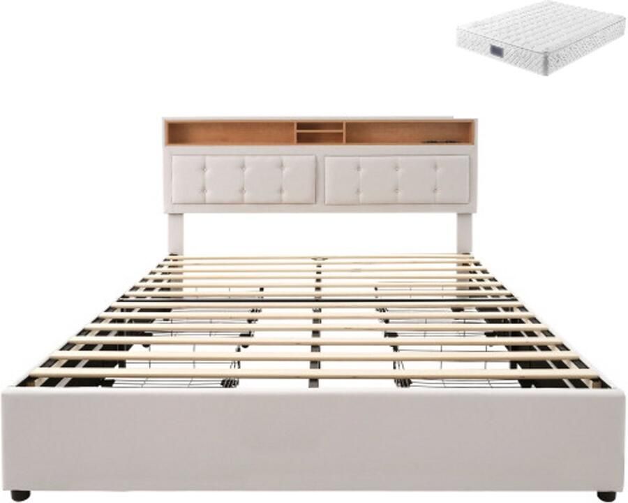 GOTAGEE Gestoffeerd bed Tweepersoonsbed Eenpersoonsbed Jeugdbed Logeerbed Multifunctioneel bed met opbergruimte met USB-aansluiting en 4 laden 160x200 cm Bed met opbergruimte Bed met matras