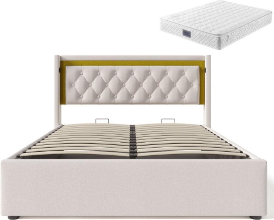 GOTAGEE Gestoffeerd bed Tweepersoonsbed Eenpersoonsbed Multifunctioneel bed Opbergbed Laag bed LED met USB Type-C 160x200 cm Bed met opbergruimte Met hydraulische opbergruimte Bed met matras