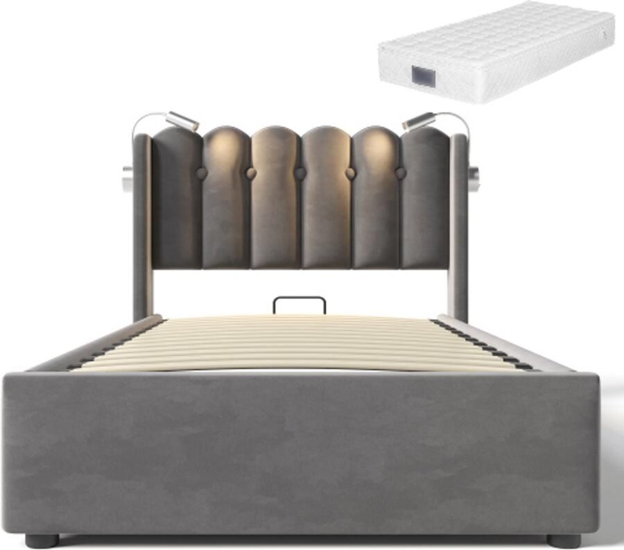 GOTAGEE Gestoffeerd bed Tweepersoonsbed Eenpersoonsbed Opbergbed Multifunctioneel bed Jeugdbed 90x200 cm Bed met opbergruimte Bed met matras Met hydraulische opbergruimte