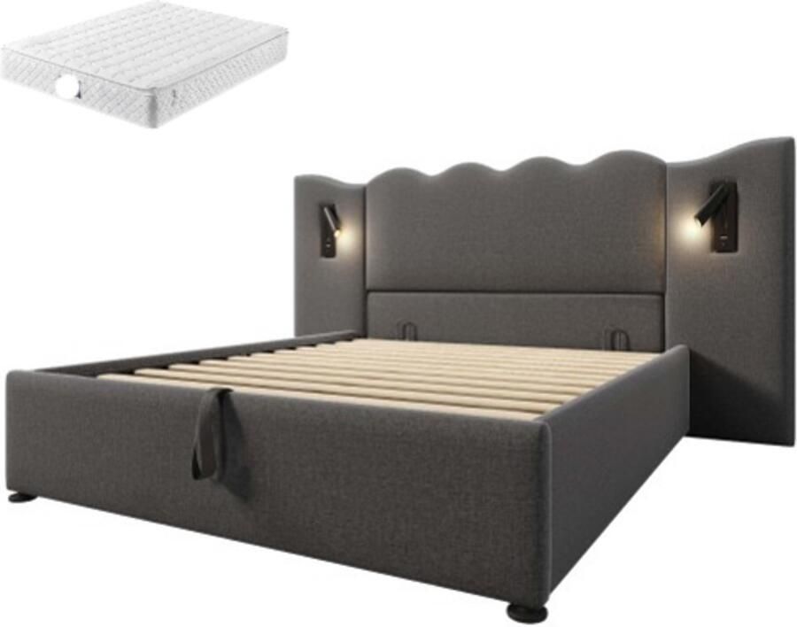 GOTAGEE Gestoffeerd bed tweepersoonsbed opbergbed laag bed multifunctioneel bed slaapkamerbed logeerbed bed voor volwassenen bed voor jongeren kinderbed linnen stof met verlichting en USB+Type-C oplaadpoort Bed met opbergruimte Bed met matras 160x200cm
