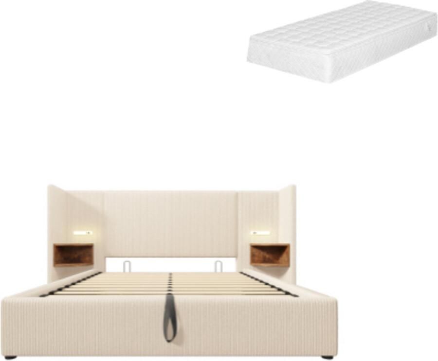 GOTAGEE Gestoffeerd bed tweepersoonsbed opbergbed multifunctioneel bed laag bed slaapkamerbed logeerbed bed voor volwassenen bed voor jongeren Linnen stof met verlichting en USB+Type-C oplaadpoort Bed met opbergruimte Bed met matras