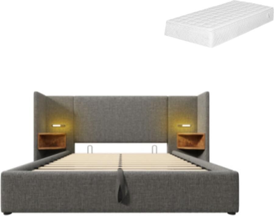 GOTAGEE Gestoffeerd bed tweepersoonsbed opbergbed multifunctioneel bed laag bed slaapkamerbed logeerbed bed voor volwassenen bed voor jongeren Linnen stof met verlichting en USB+Type-C oplaadpoort Bed met opbergruimte Bed met matras