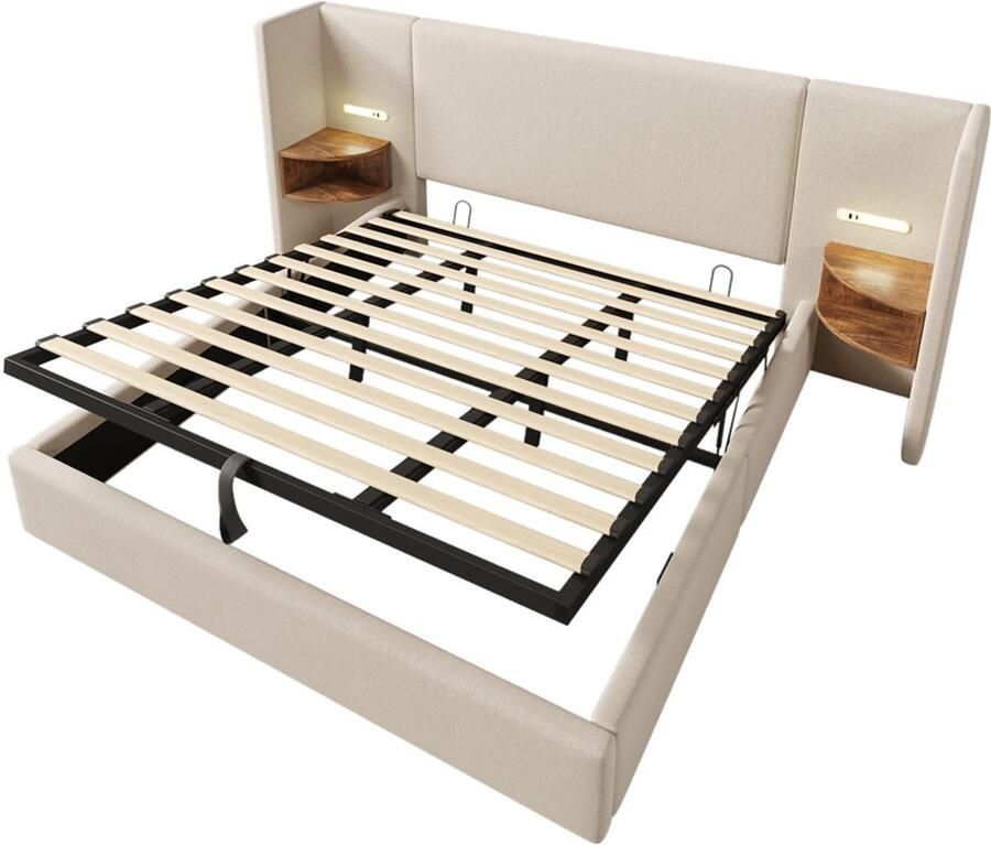 GOTAGEE Gestoffeerd bed tweepersoonsbed opbergbed multifunctioneel bed zonder hoofdboard slaapkamerbed logeerbed hoofdbord met twee opbergplanken linnen stof Bed met opbergruimte Bed zonder matras 180x200cm