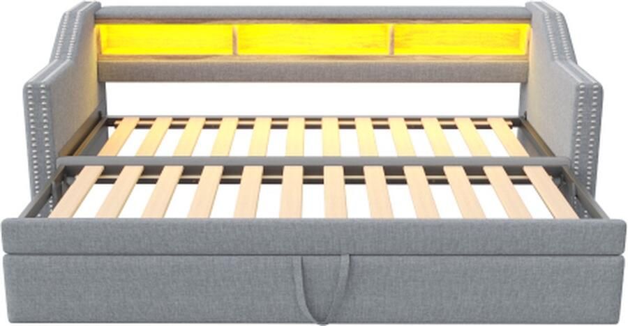 GOTAGEE Gestoffeerd bed uitschuifbare slaapbank 90 180 x 190 cm multifunctioneel opbergvak LED-verlichting en USB-aansluiting met lattenbodem