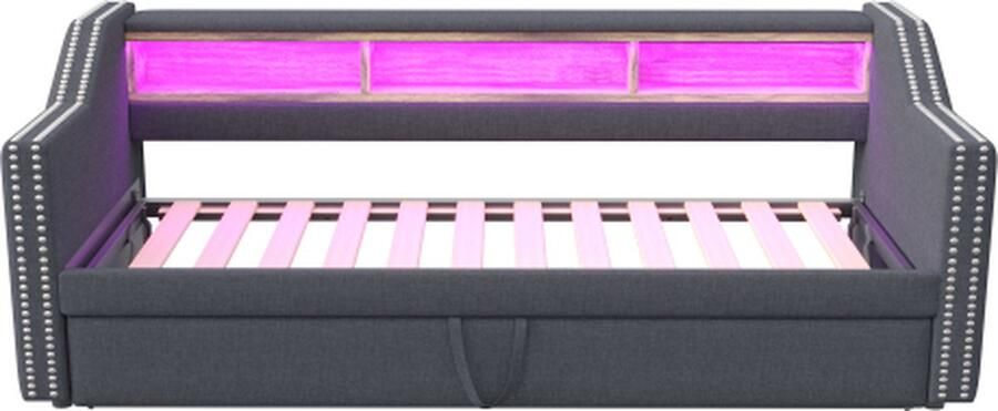 GOTAGEE Gestoffeerd bed uitschuifbare slaapbank 90 180 x 190 cm multifunctioneel opbergvak LED-verlichting en USB-aansluiting met lattenbodem
