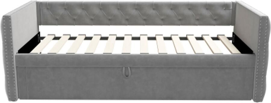 GOTAGEE Gestoffeerd bed uitschuifbare slaapbank 90x200 cm met lattenbodem logeerbed fluwelen stof lichtgrijs (zonder matras )