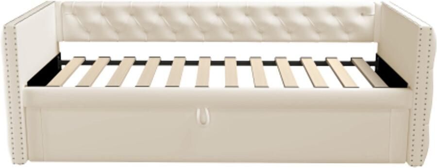 GOTAGEE Gestoffeerd bed uitschuifbare slaapbank 90x200 cm met lattenbodem logeerbed fluwelen stof beige (zonder matras )