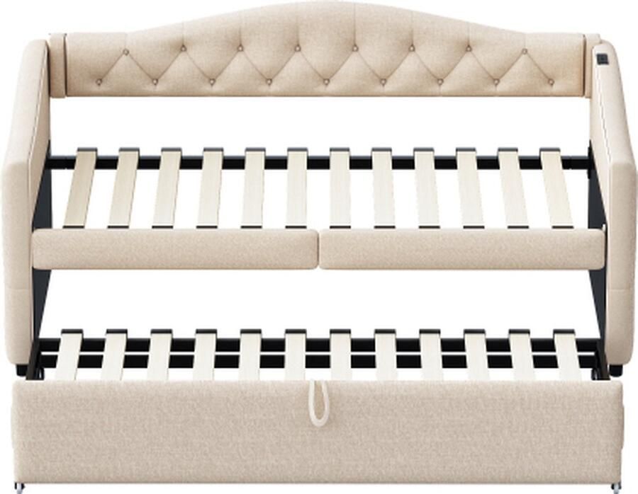 GOTAGEE Gestoffeerd bed uitschuifbare slaapbank 90x200 cm met USB-aansluiting klassieke vorm met knopen met lattenbodem multifunctioneel bed logeerbed linnen stof (matras niet inbegrepen)