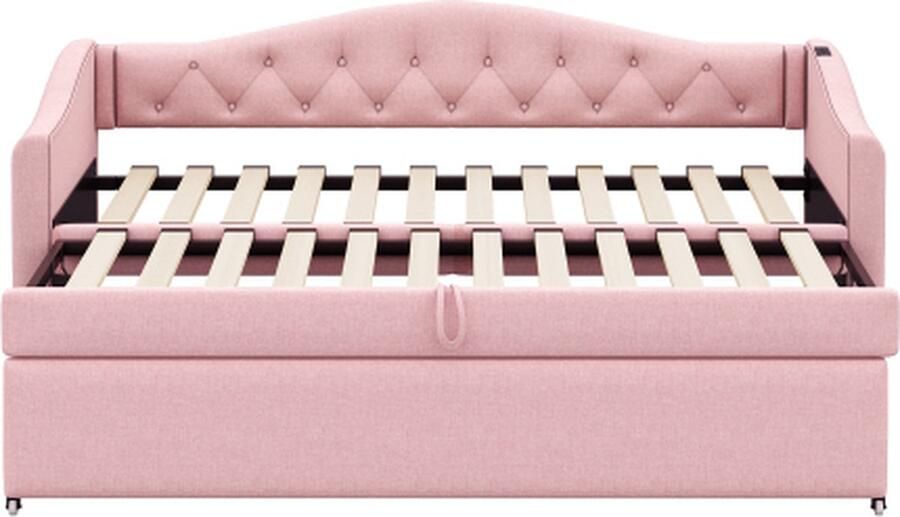 GOTAGEE Gestoffeerd bed uitschuifbare slaapbank 90x200 cm met USB-aansluiting klassieke vorm met knopen met lattenbodem multifunctioneel bed logeerbed linnen stof (matras niet inbegrepen)