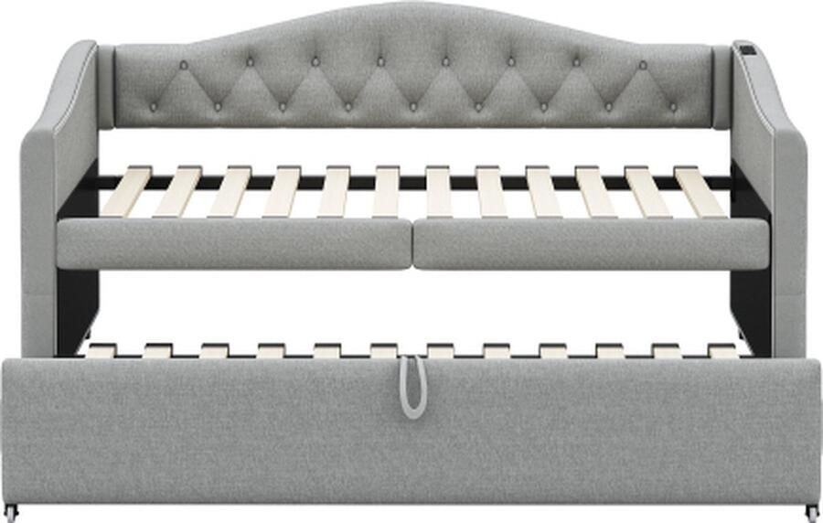 GOTAGEE Gestoffeerd bed uitschuifbare slaapbank 90x200 cm met USB-aansluiting klassieke vorm met knopen met lattenbodem multifunctioneel bed logeerbed linnen stof (matras niet inbegrepen)