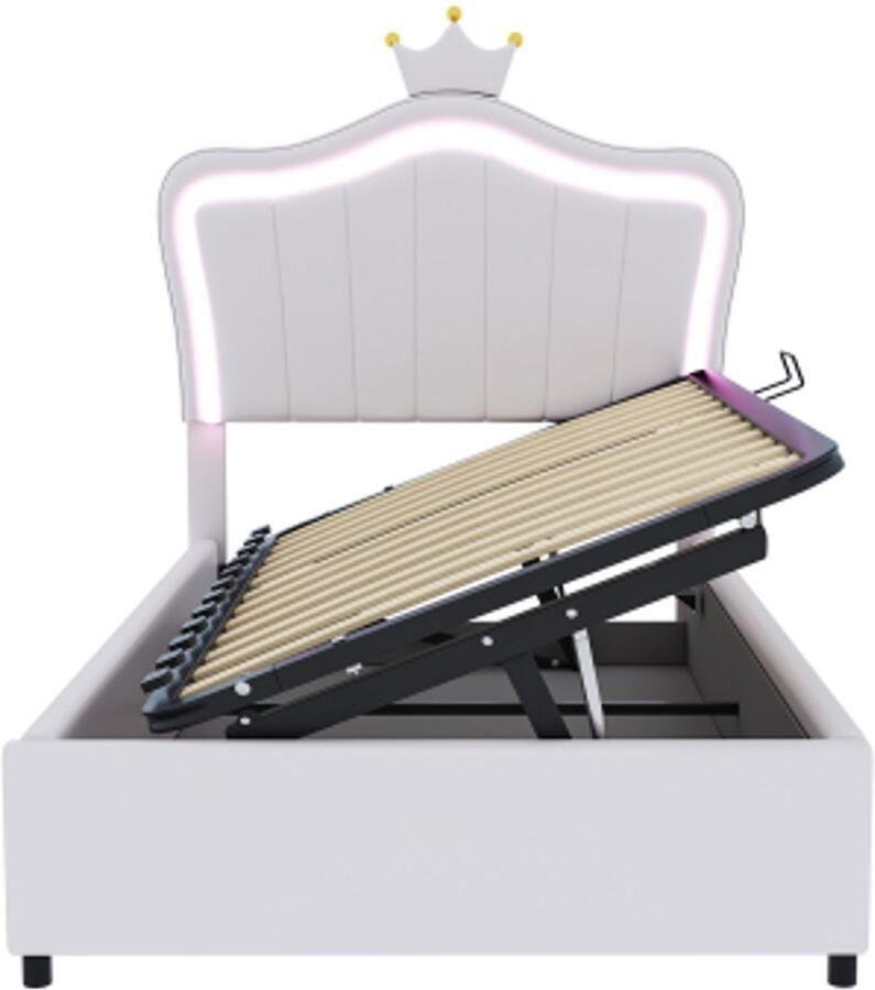 GOTAGEE Gestoffeerd kinderbed 90x200 cm met kroondesign met ledverlichting hydraulisch opbergbed in hoogte verstelbaar hoofdeinde eenpersoons hoog bedstee met lattenbodem kunstleer wit