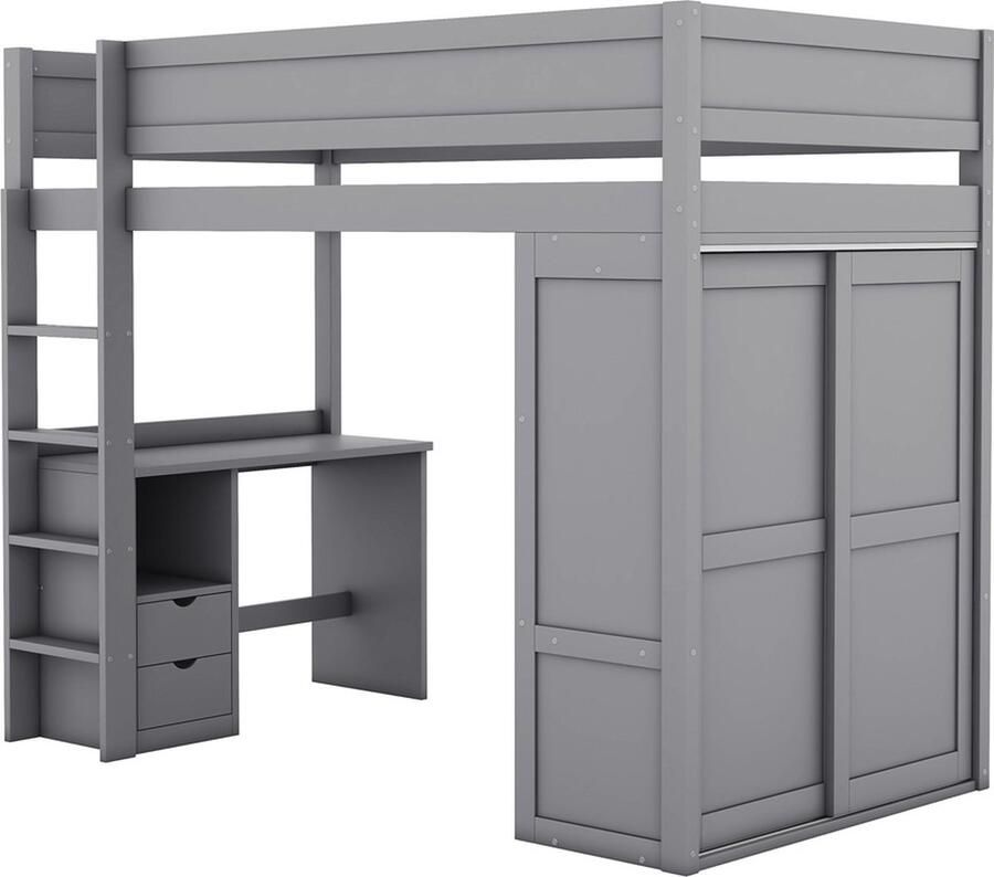 GOTAGEE Het hoogslaper jeugdbed 90x200 cm veelzijdig kinderbed kledingkast met lades