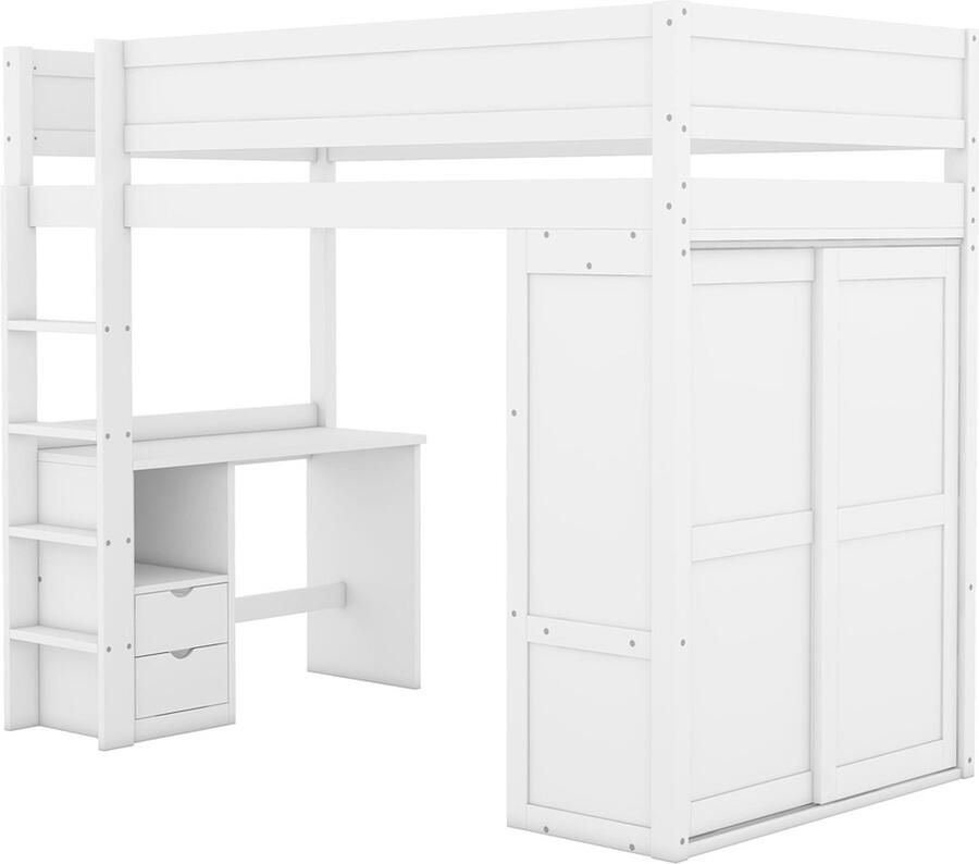 GOTAGEE Het hoogslaper jeugdbed 90x200 cm veelzijdig kinderbed kledingkast met lades