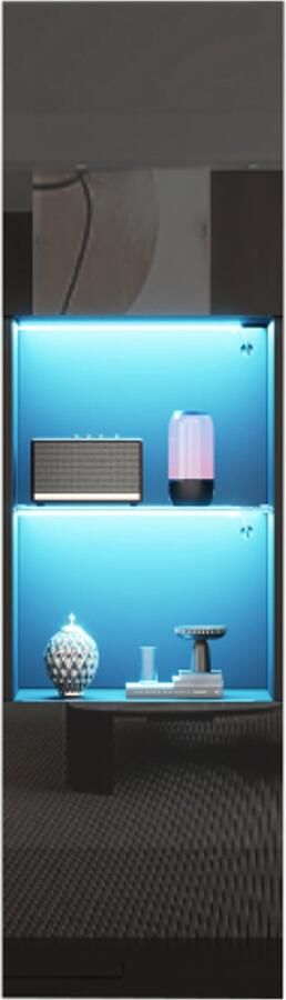 GOTAGEE Hoogglans vitrinekast met LED-verlichting 1 glazen plank 45*35*160 cm vitrinekast vrijstaande vitrinekast hoge kast opbergkast zwart - Foto 2