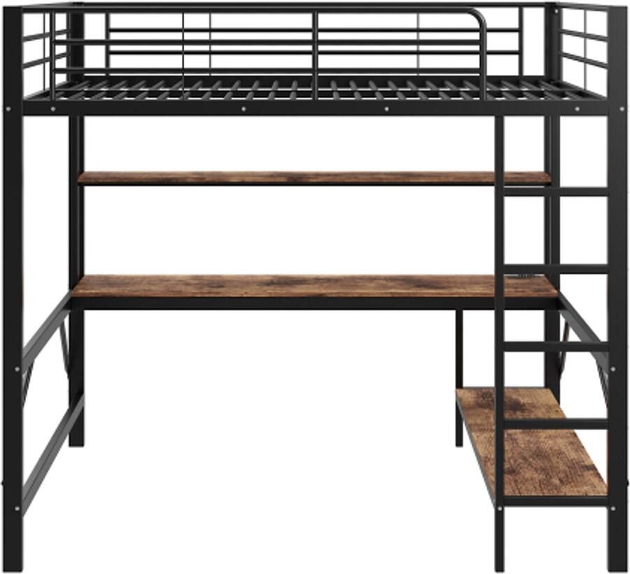 GOTAGEE Hoogslaper 140 x 200 cm leuning trap met USB en stopcontact met ledverlichting bureau meerlaagse plank zonder matras metaal zwart