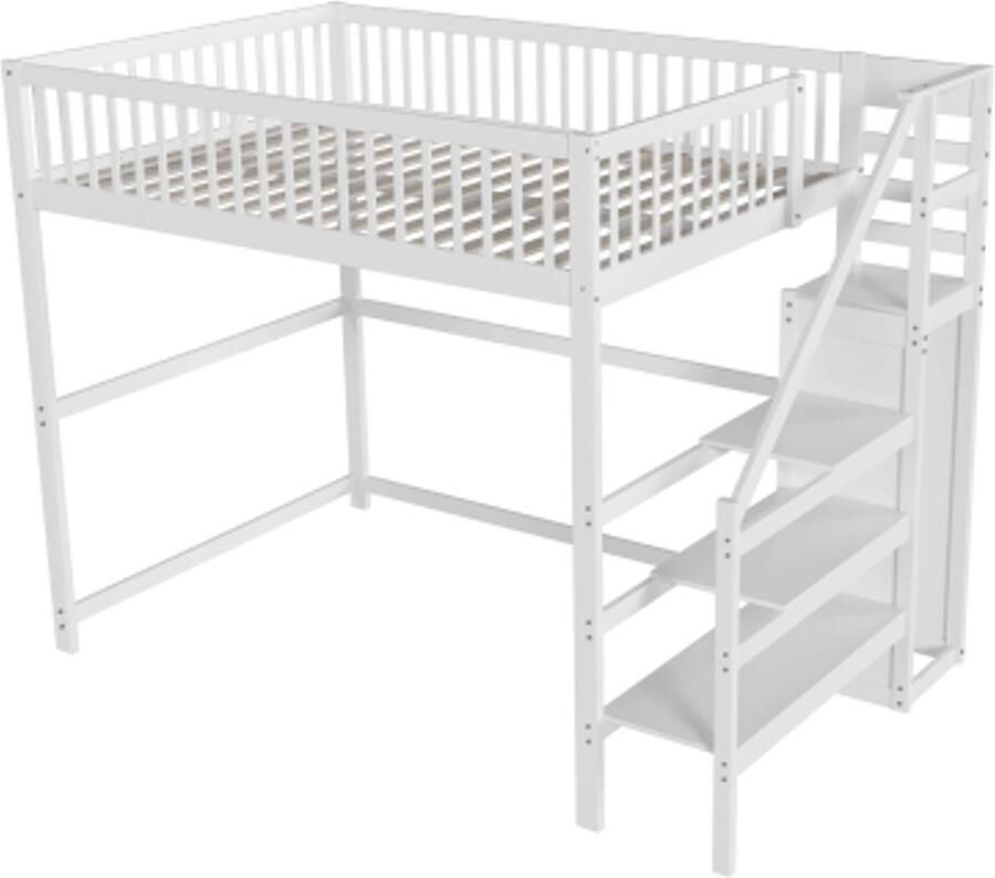 GOTAGEE Hoogslaper 140x200 met trap wit houten kinderbed met opbergplank eenvoudige kledingkast