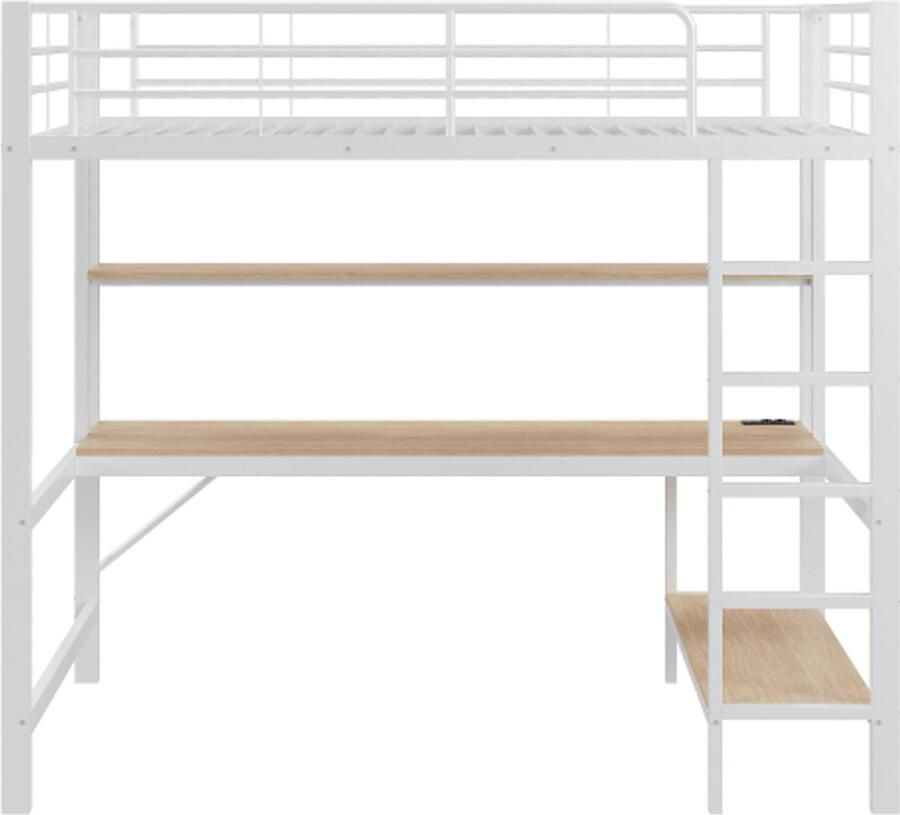 GOTAGEE Hoogslaper 90 x 200 cm leuning trap met USB en stopcontact met ledverlichting bureau meerlaagse plank zonder matras metaal wit