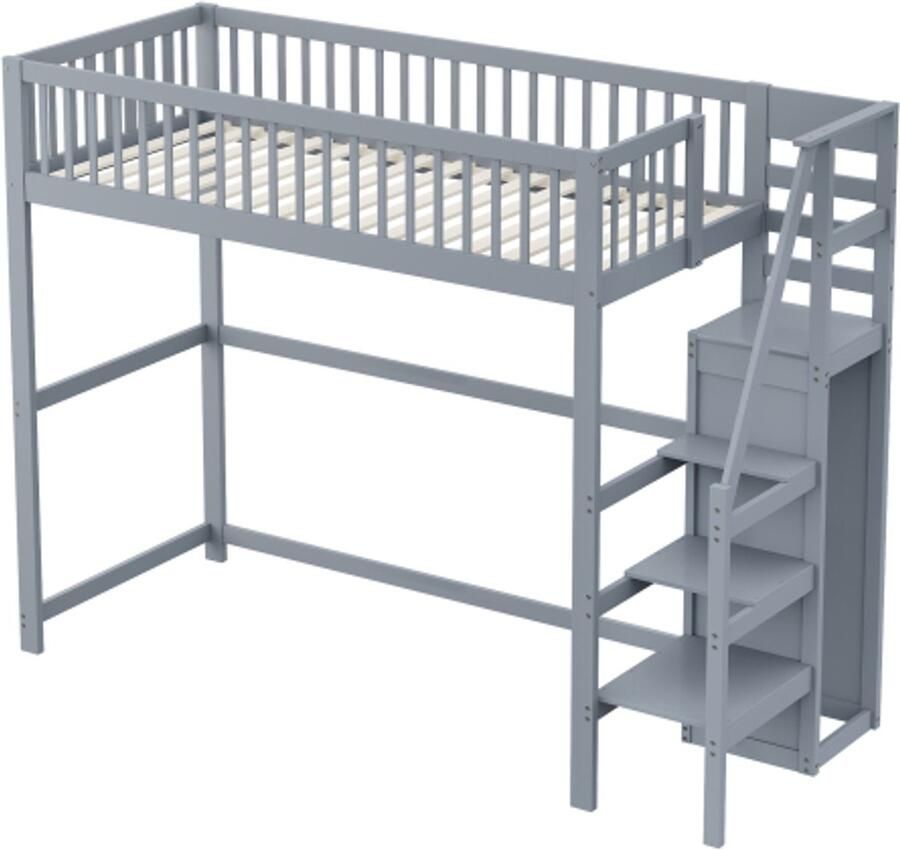 GOTAGEE Hoogslaper 90x200 met trap houten kinderbed met opbergplank eenvoudige kledingkast grijs(zonder matras)