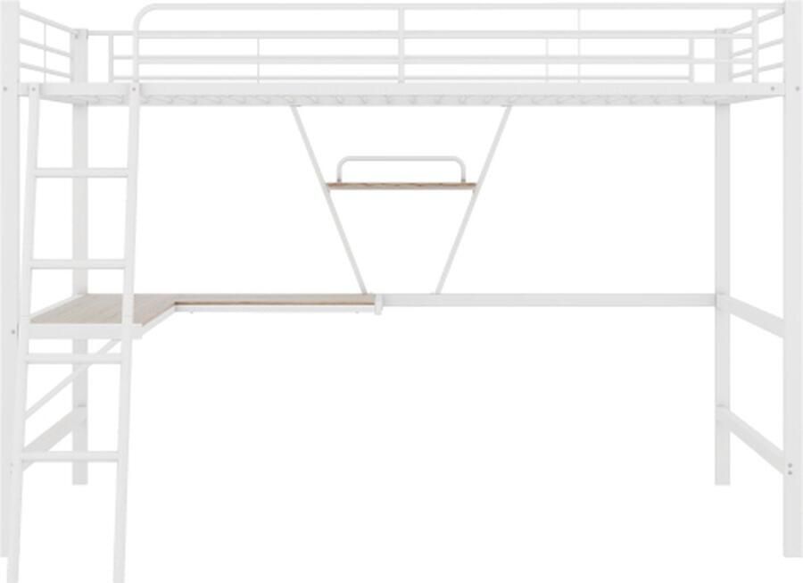 GOTAGEE Hoogslaper 90x200cm bedframe metalen bed ijzeren bed hoogslaper met L-vormig bureau en een plank voor kinderen tieners en volwassenen zonder matras