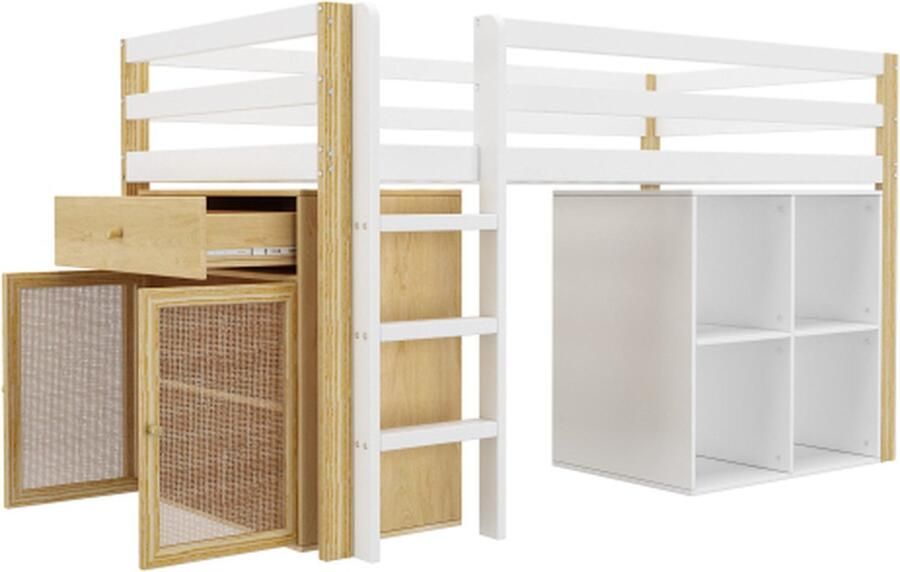 GOTAGEE Hoogslaper 90x200cm kinderbed (zonder matras) met opbergkast ladder eenpersoonsbed multifunctioneel bedframe plat bed opbergbed