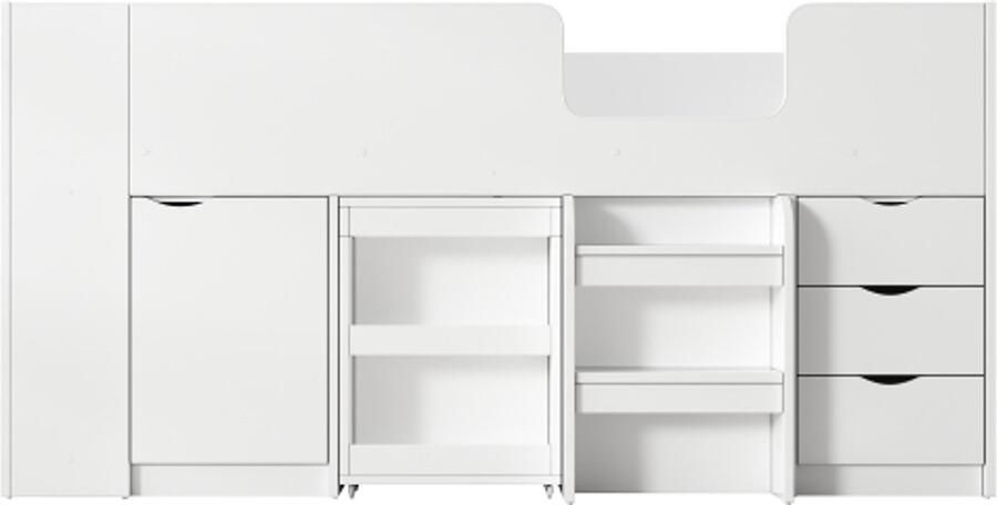 GOTAGEE hoogslaper 90x200cm multifunctioneel kinderbed met ladder met uitschuifbaar bureau met uitneembare kast met lade met opbergkast zonder matras MDF wit