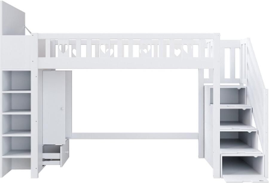 GOTAGEE Hoogslaper 90x200cm opbergladder planken opvouwbare opbergkast vrije ruimte onder het bed reling in de vorm van een liefdesfiguur zonder matras wit