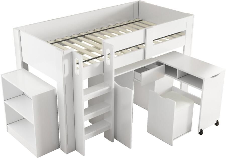 GOTAGEE hoogslaper multifunctioneel kinderbed met ladder met telescopisch bureau met uitneembare kast met lade met stoel inclusief PU-kussen met plank zonder matras MDF wit 90x200cm